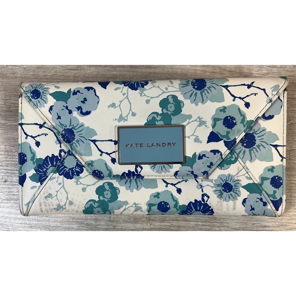Cornflower Blue Floral Envelope Clutch Kate Landry Snap Closure ID Window